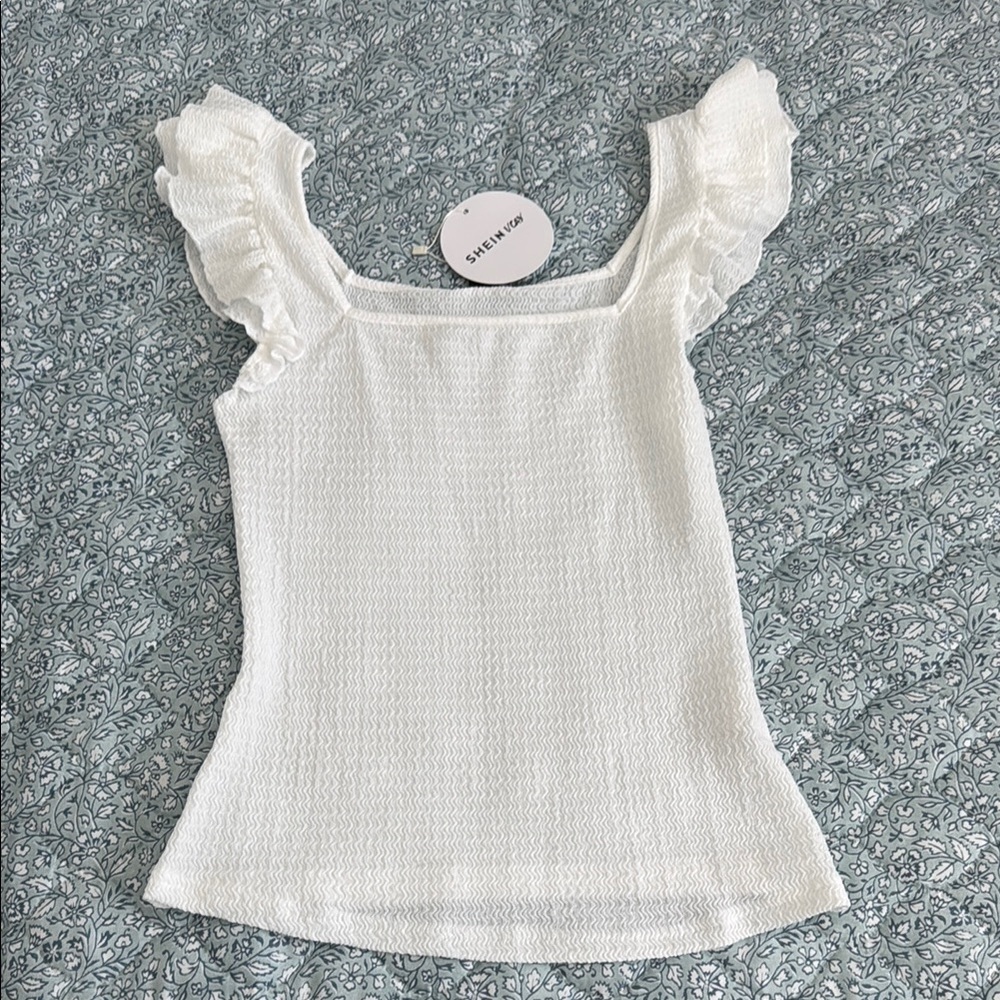 SHEIN White Textured Blouse with Ruffle Sleeves